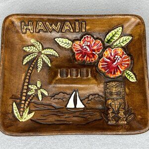 Treasure Craft Ashtray Hawaii Tiki Hibiscus Palm Trees Sailboat Brown Bar Maui